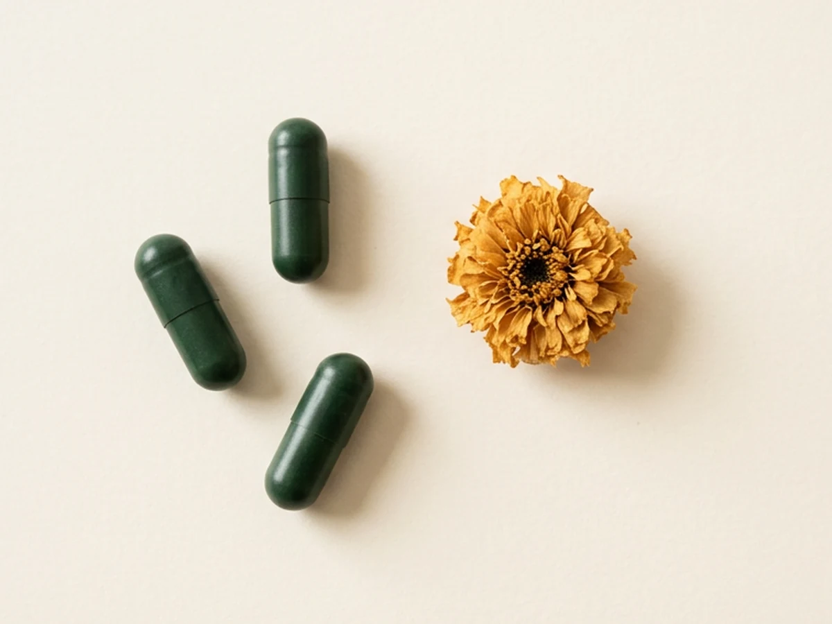 Three Klaris capsules beside a dried marigold flower, the source of the formula's lutein