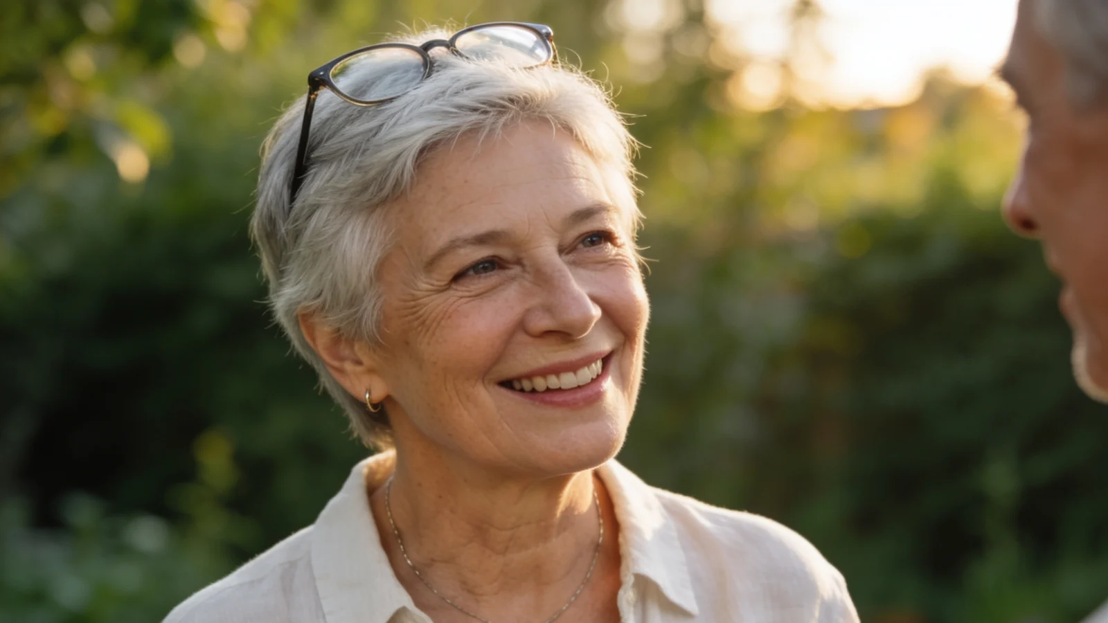 A woman in her sixties outdoors in warm natural daylight