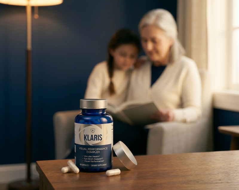 Grandmother reading with grandchild beside Klaris bottle