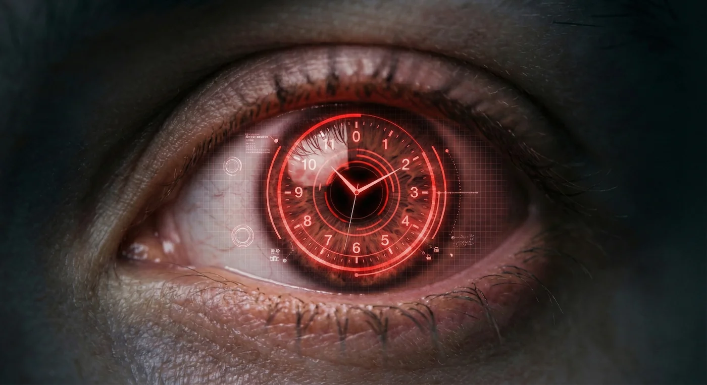 Close-up of an eye with a digital clock overlay