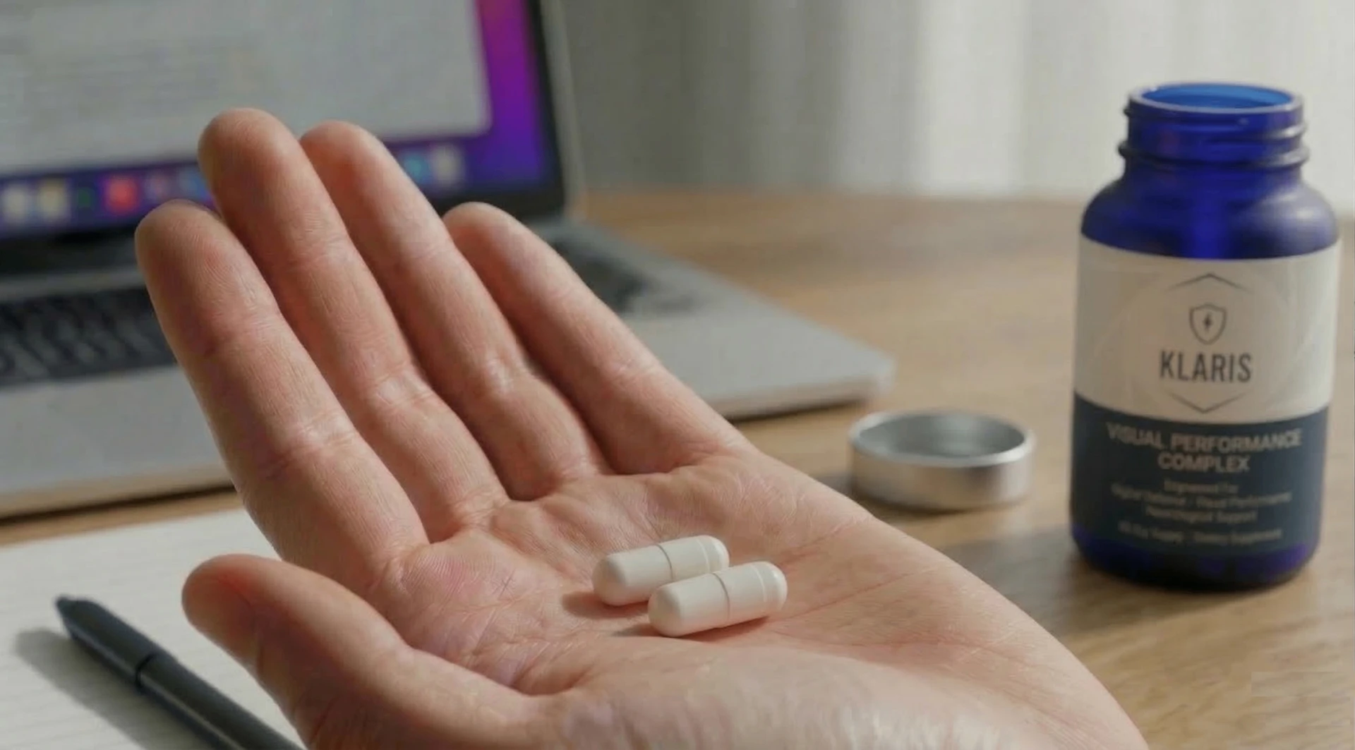 Klaris supplement capsules in hand with bottle