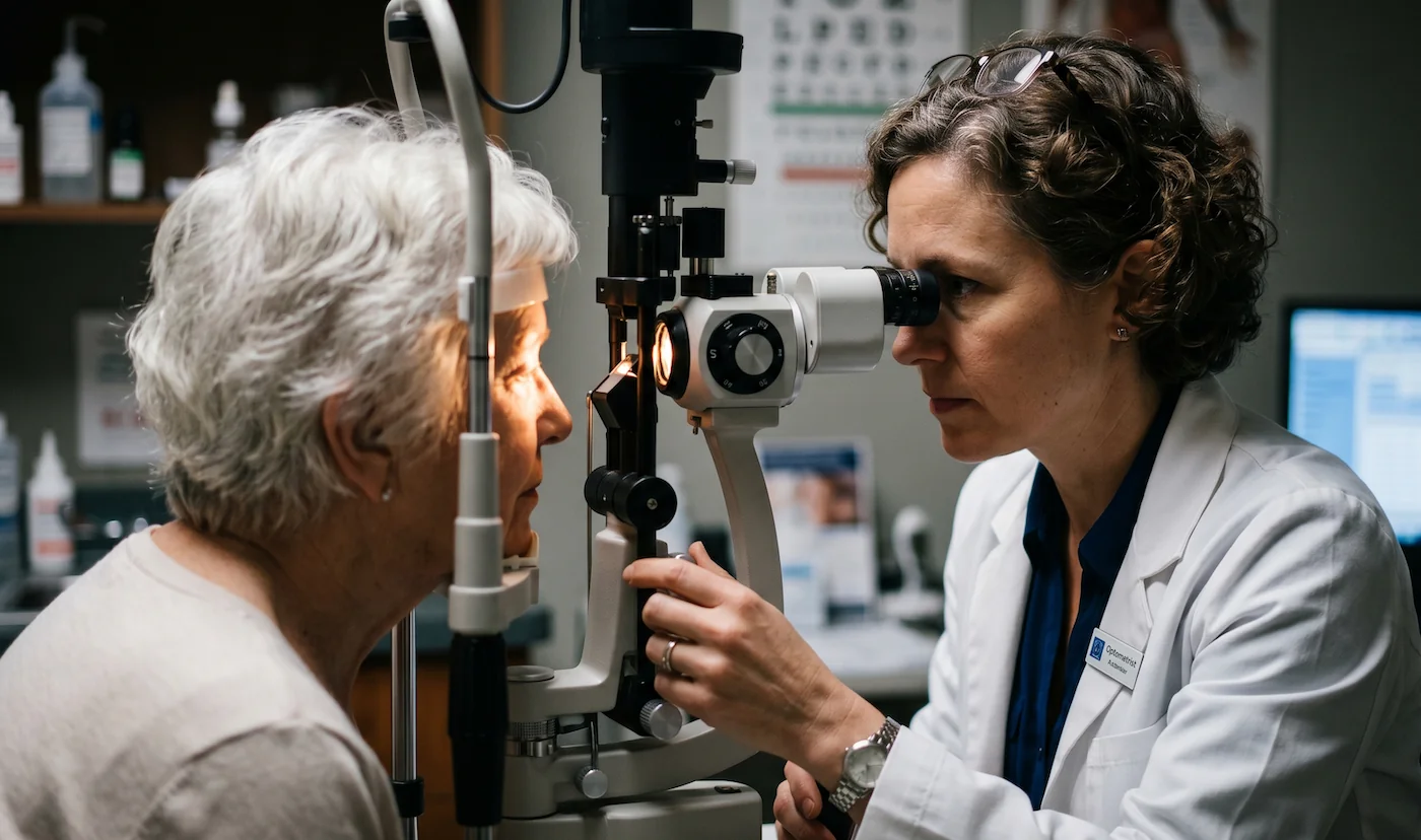 Optometrist examining an older patient with a slit lamp