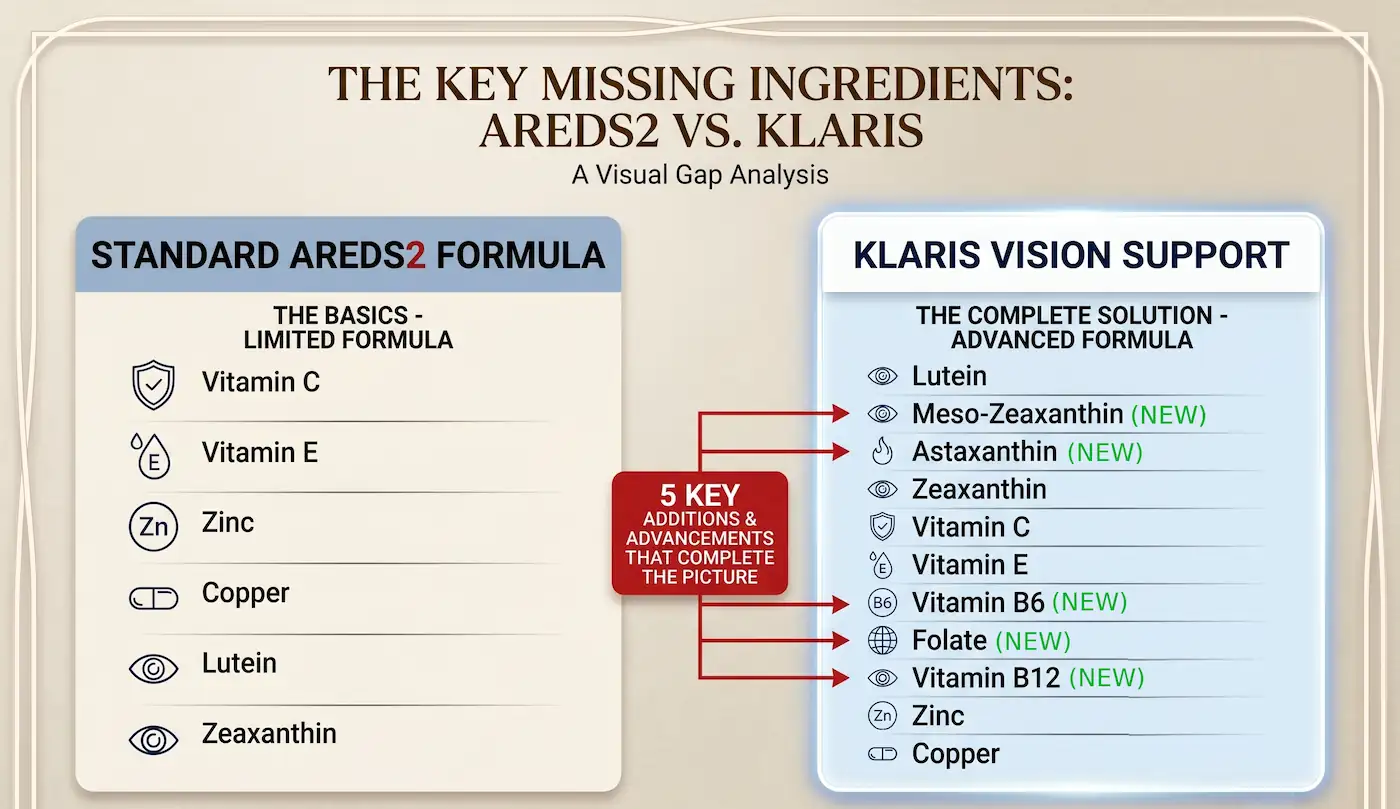 Visual comparison of the standard AREDS2 formula versus the Klaris Vision Support formula
