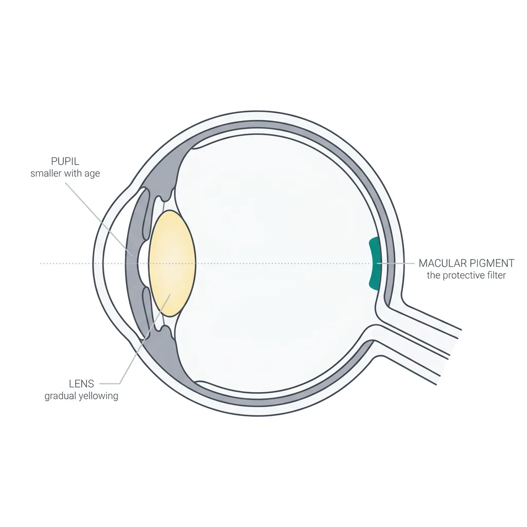 Labelled cross-section of the eye showing the pupil, the yellowing lens, and the macular pigment layer at the back of the retina