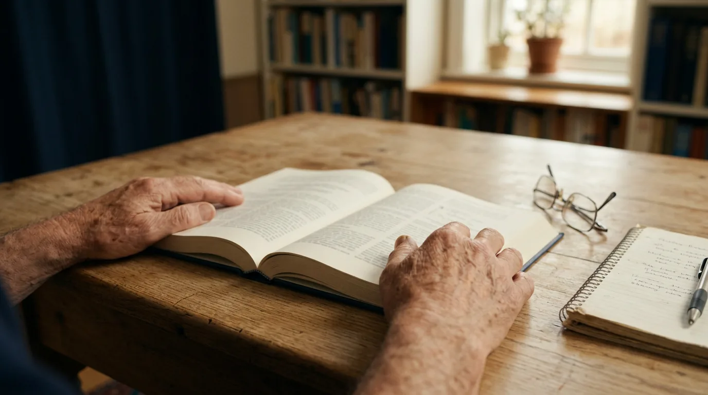 Hands resting on an open scientific journal beside reading glasses and a notebook