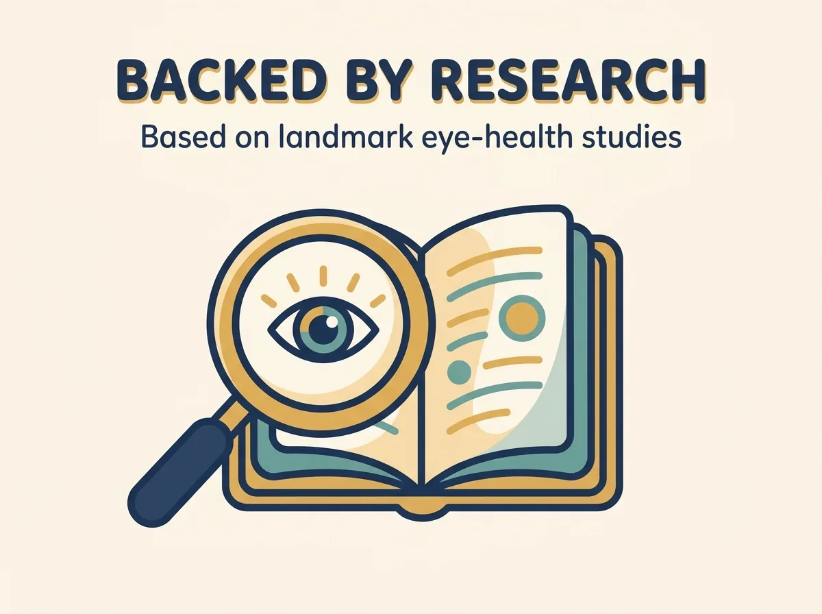 Illustration of a magnifying glass over an open book of eye-health research