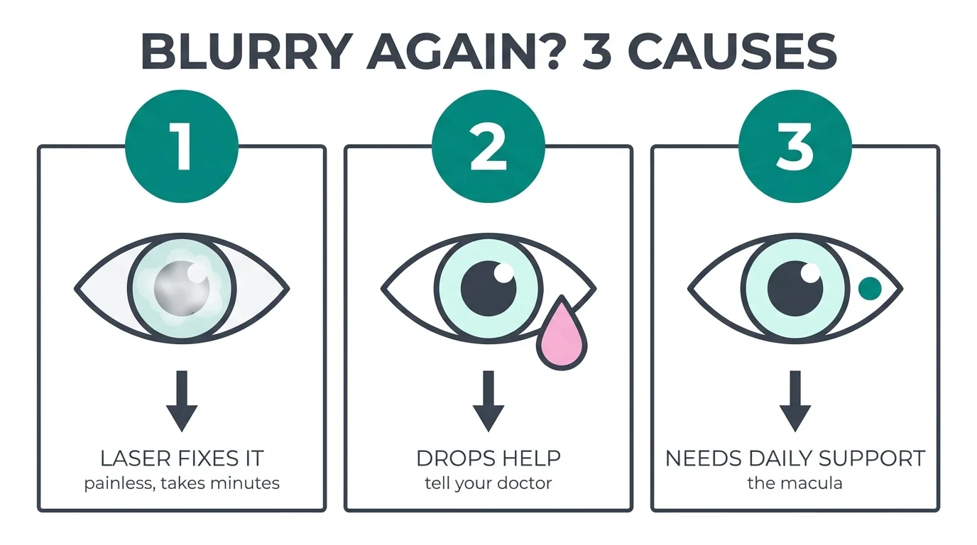 Infographic of the three causes of blur after cataract surgery and what fixes each: laser for the clouded capsule, drops for dry eye, daily support for the macula