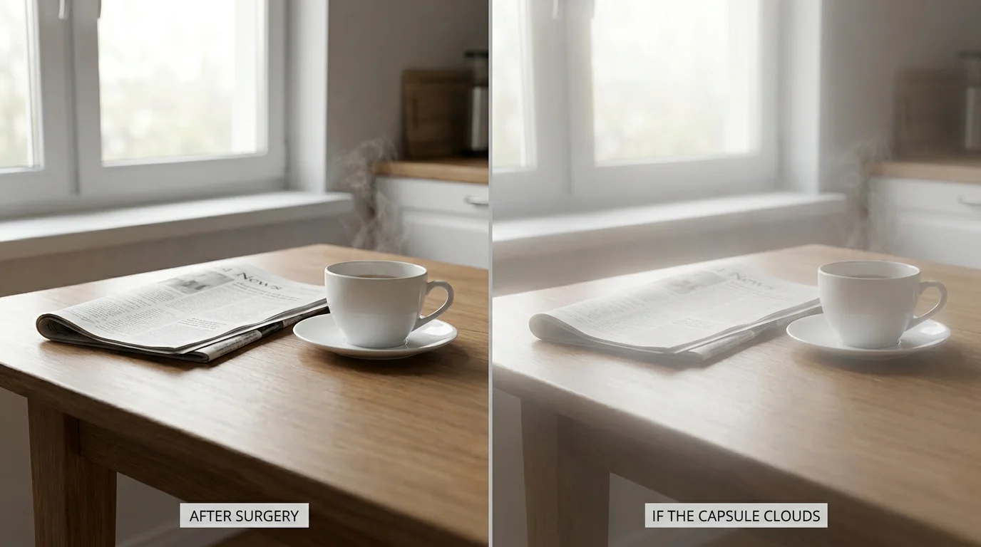 Side-by-side comparison of the same kitchen scene, clear after surgery and hazy if the lens capsule clouds