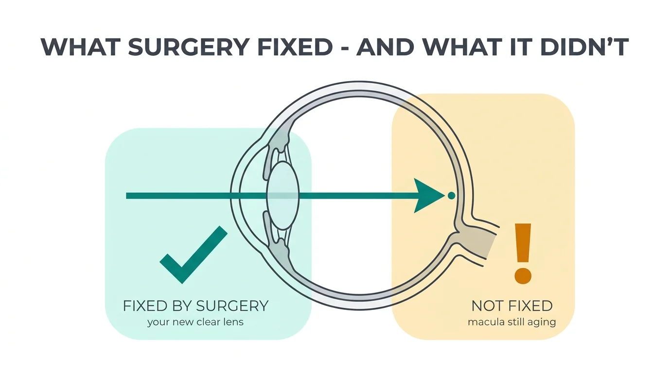 Diagram showing light entering the eye through the new lens fixed by surgery and reaching the macula at the back, which surgery did not fix