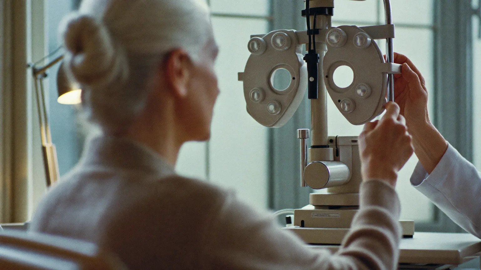 Older woman seated at a slit-lamp eye exam after cataract surgery