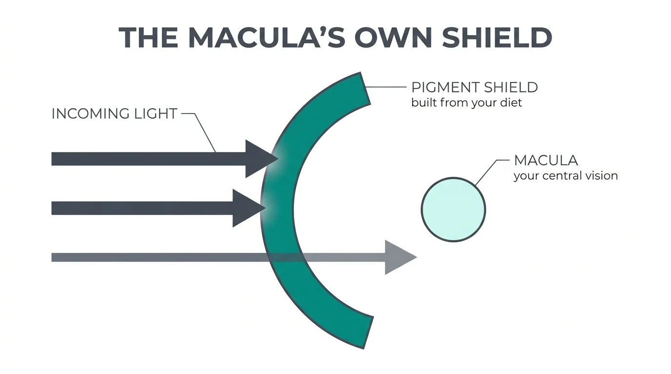 Diagram of macular pigment acting as a shield that absorbs part of incoming light before it reaches the macula