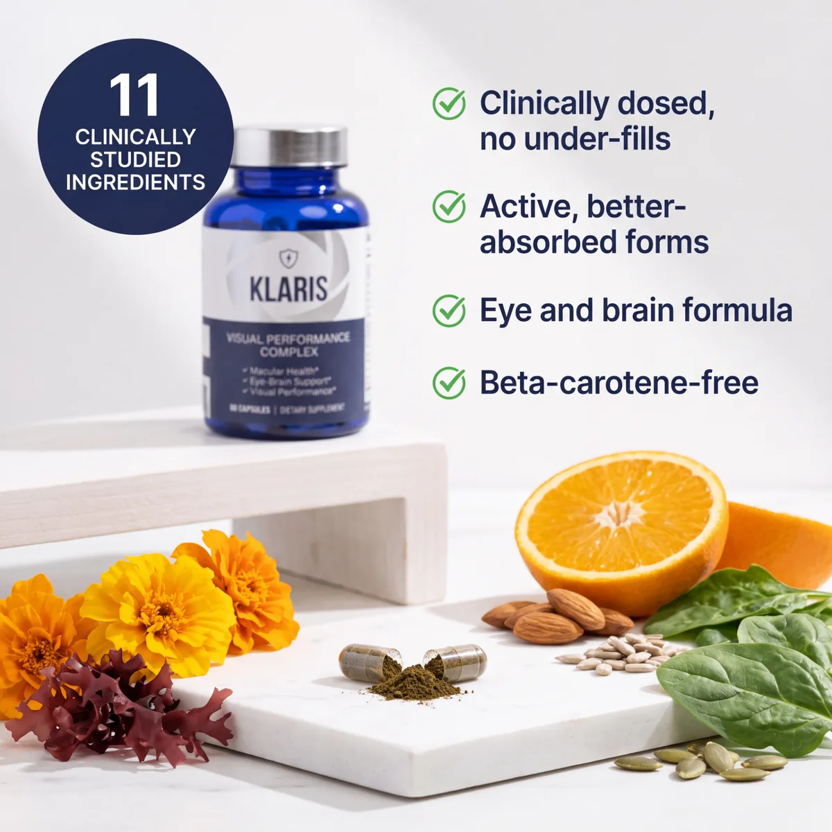 Klaris bottle with 11 clinically studied ingredients and whole-food sources