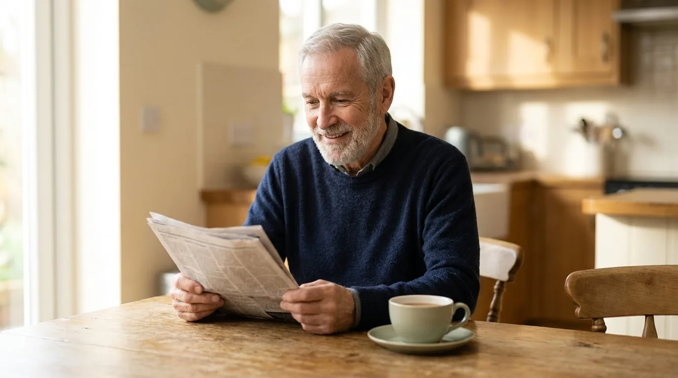 Older man reading a newspaper comfortably at a sunlit kitchen table