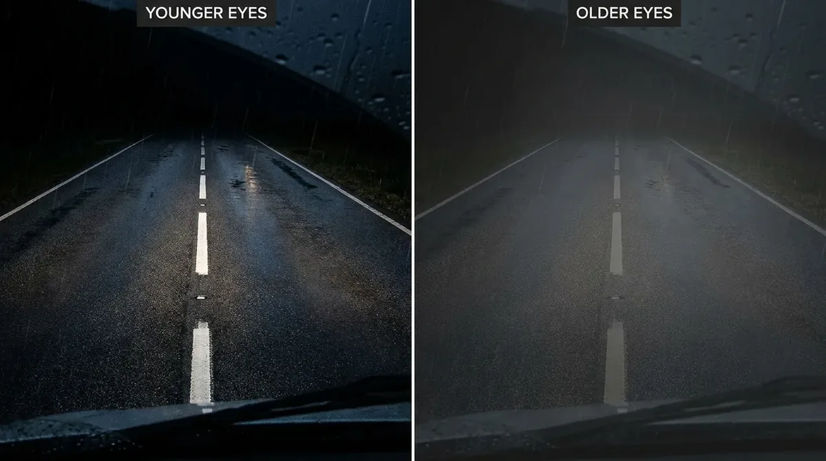 The same night road seen with a healthy macular filter versus a thinned one