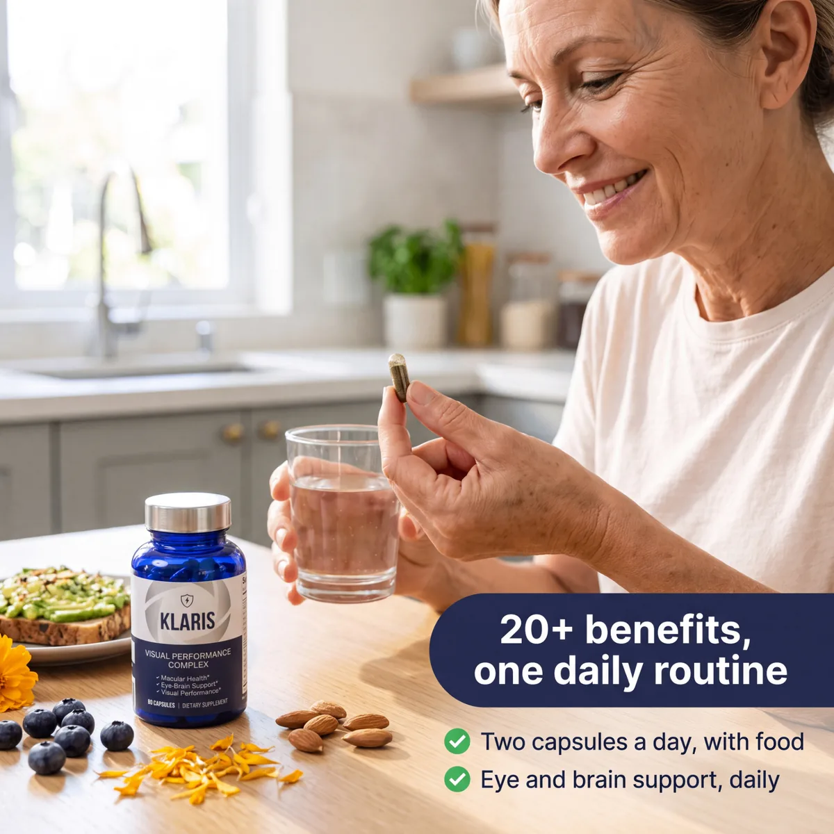 Woman taking her daily Klaris capsule in the kitchen