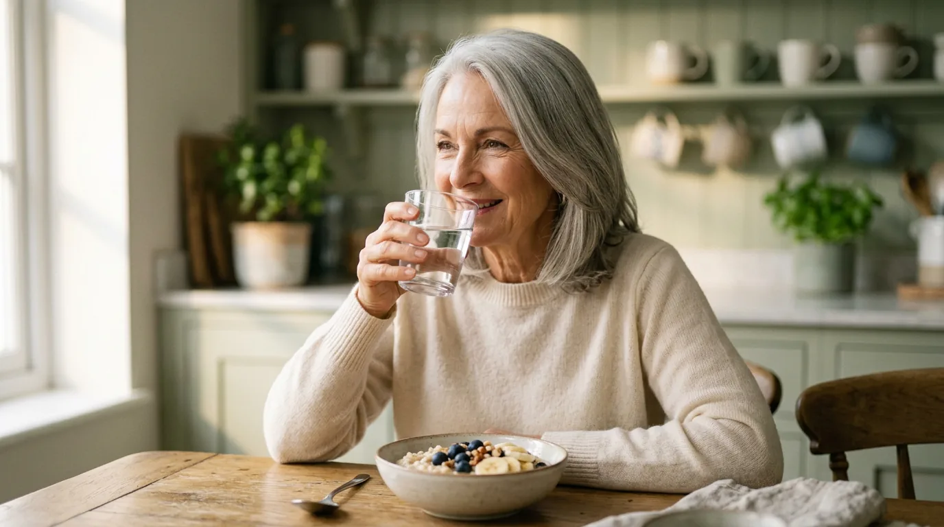 Older woman drinking a glass of water with breakfast in a bright kitchen