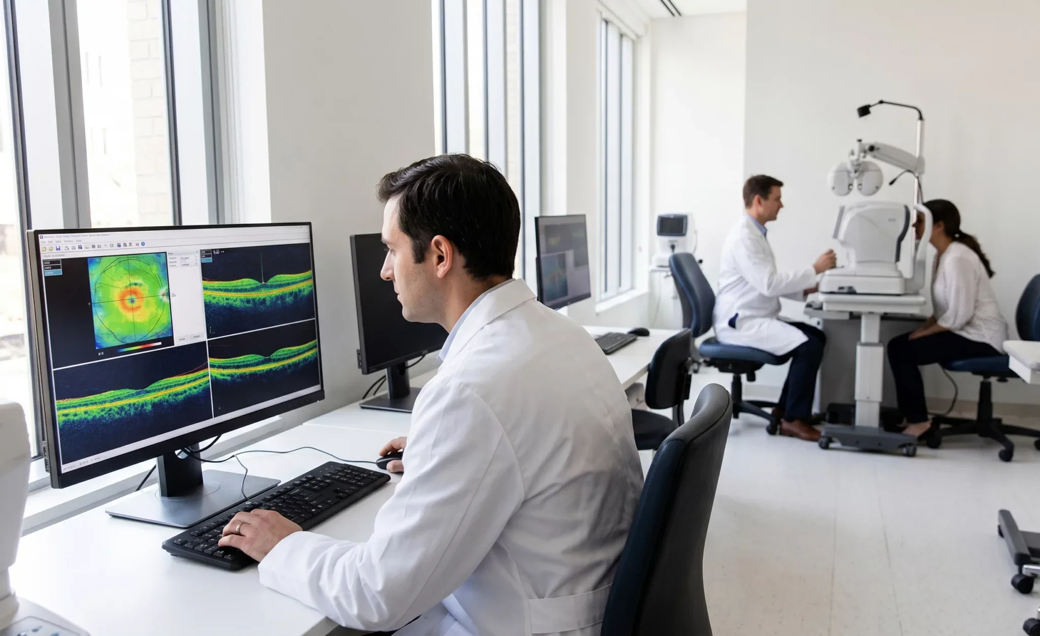 Doctors reviewing eye health research in a clinical setting