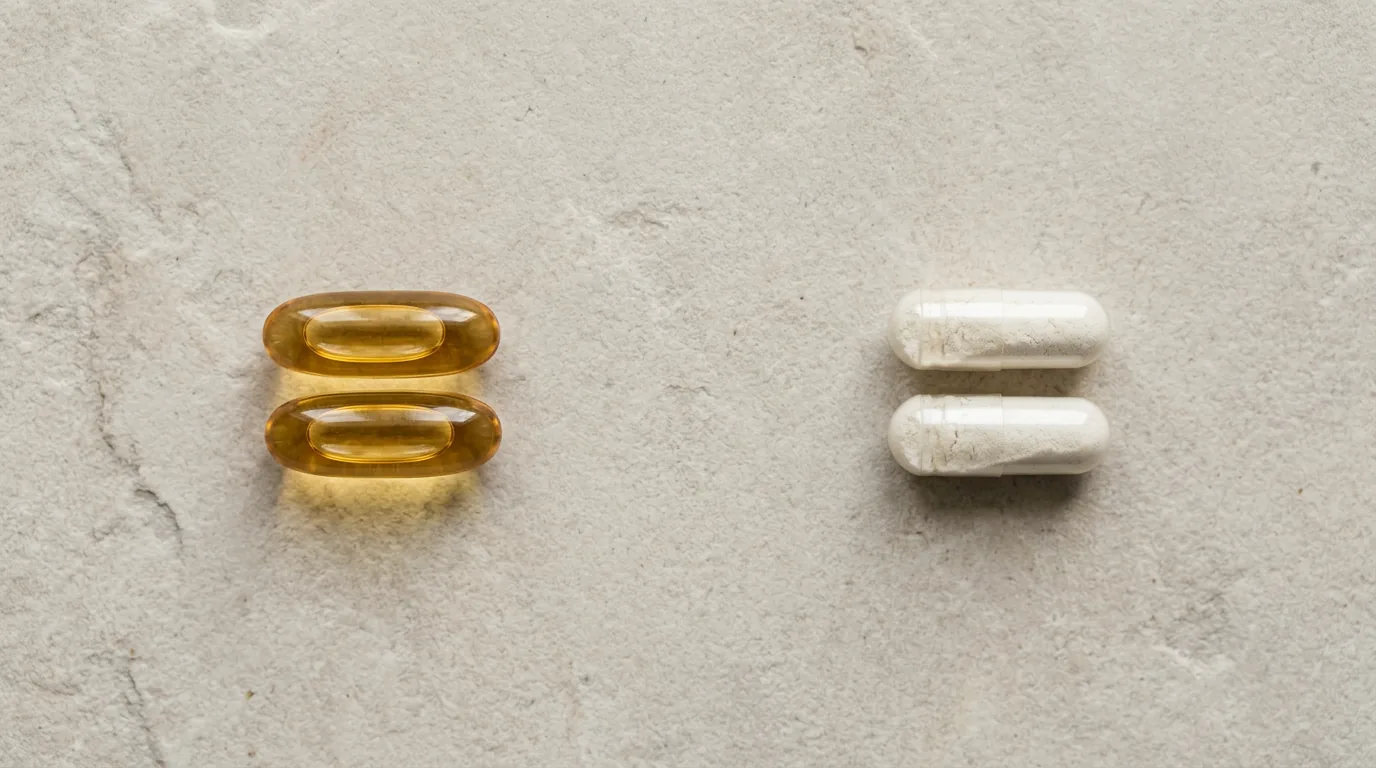 Amber softgels and white capsules laid out side by side for comparison