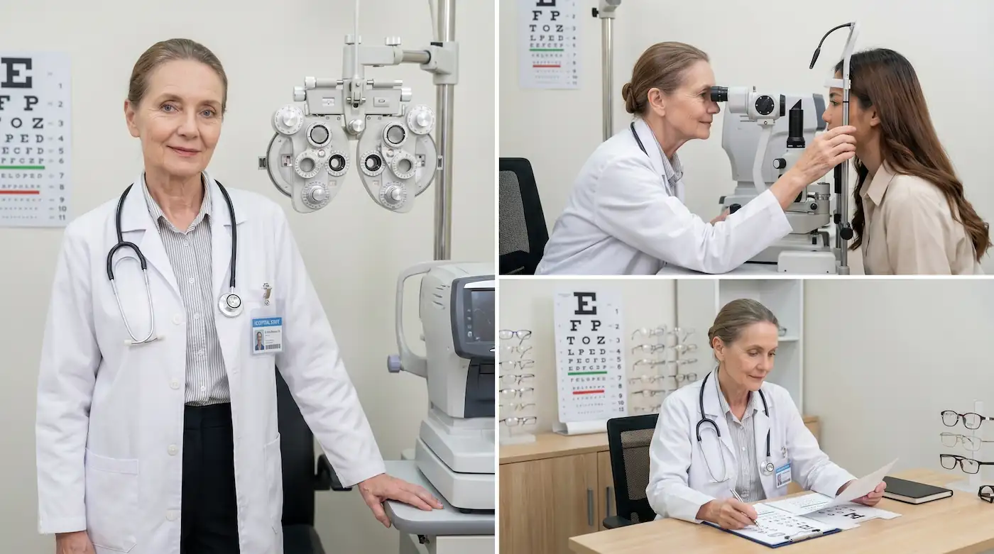 Dr. Elena Markovic examining a patient at the slit lamp and reviewing chart notes