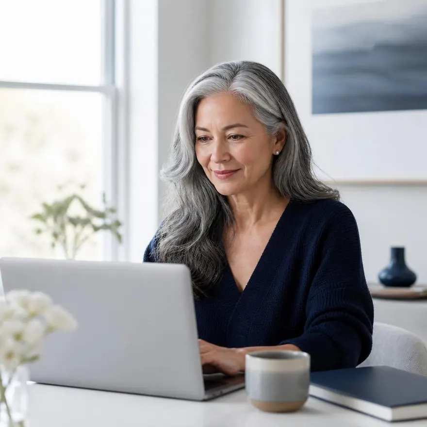 Woman working comfortably at a laptop in bright daylight