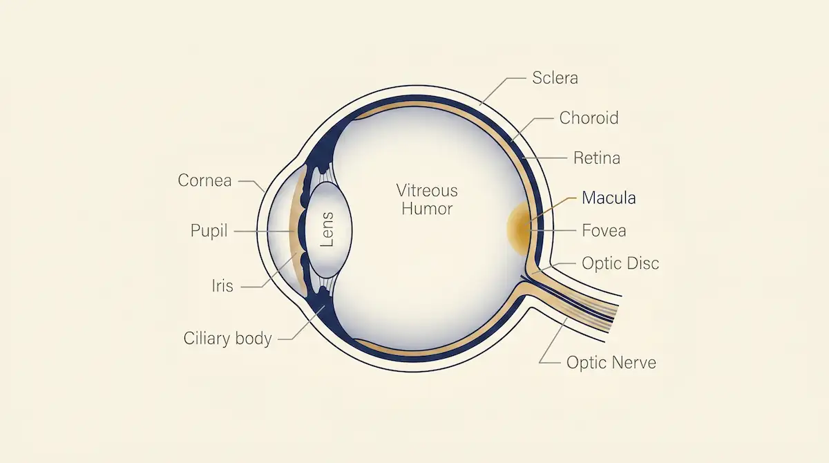 Anatomical diagram of the human eye showing the macula, fovea, and other structures