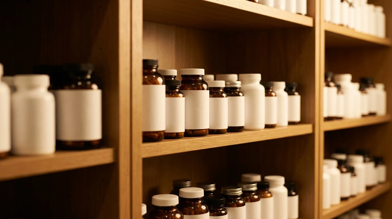 Rows of unlabelled supplement bottles on a pharmacy shelf