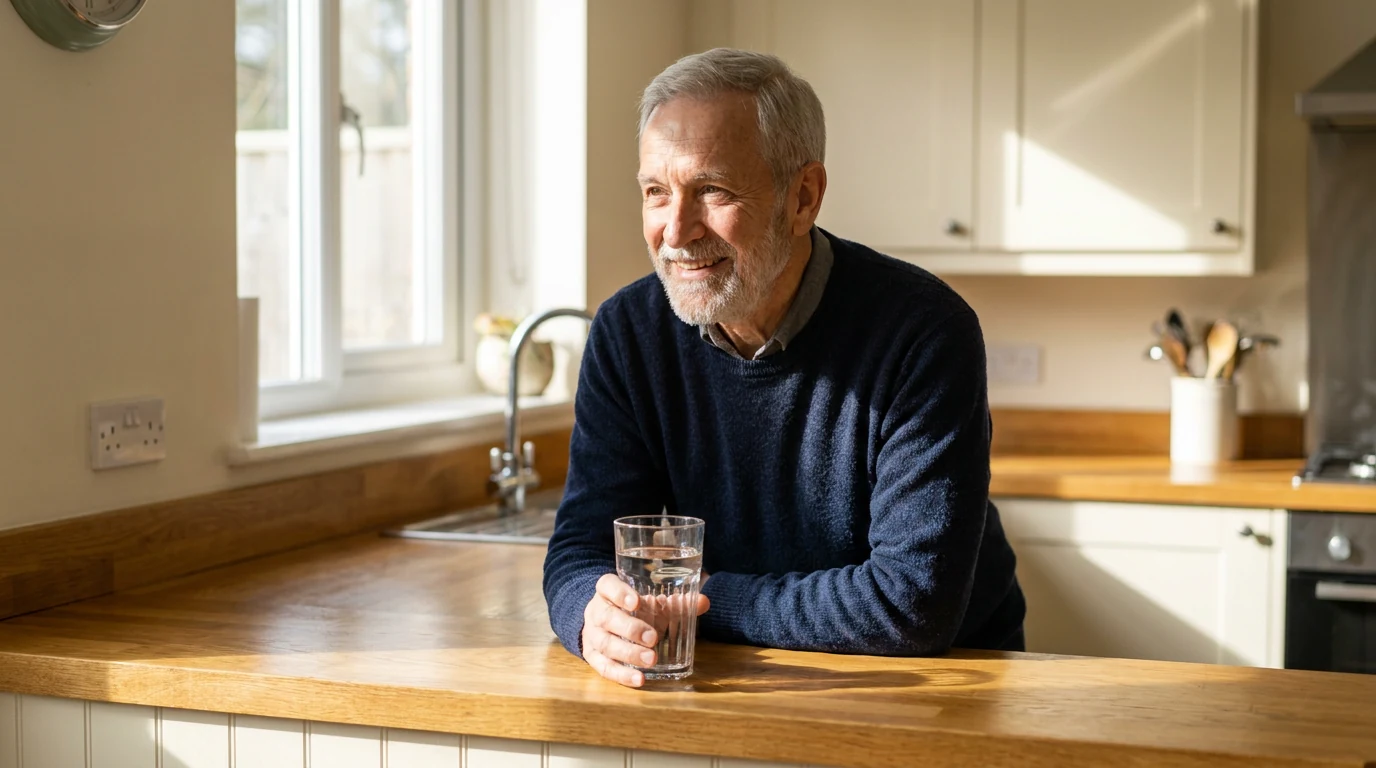 Older man standing at a sunlit kitchen counter holding a glass of water