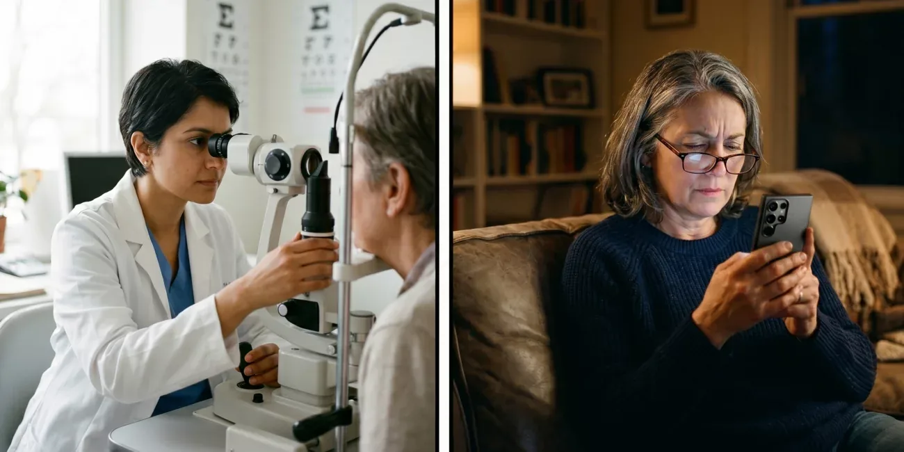 Older man rubbing eyes at desk in dim light, early signs of vision decline