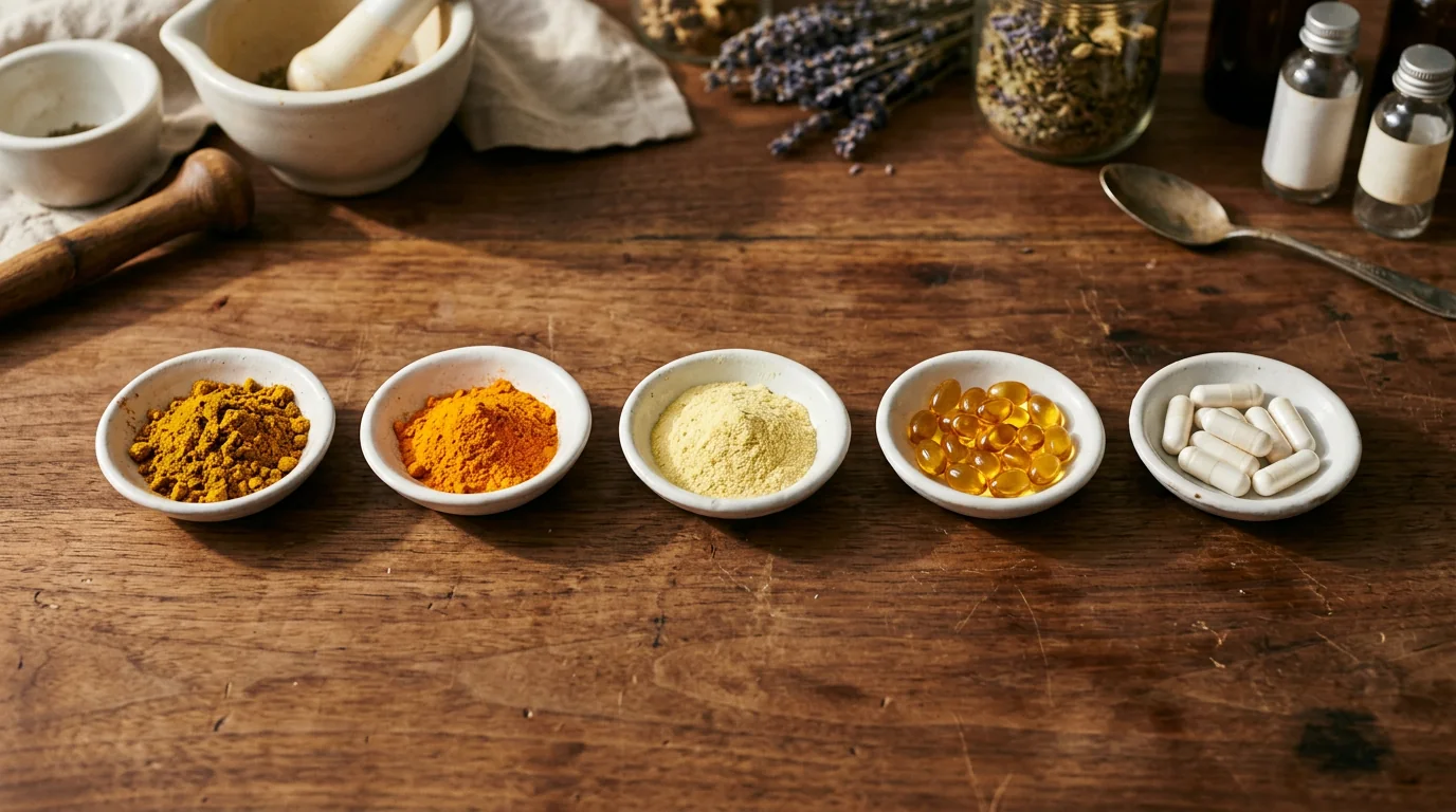 Five small dishes of supplement ingredients laid out on a wooden apothecary bench