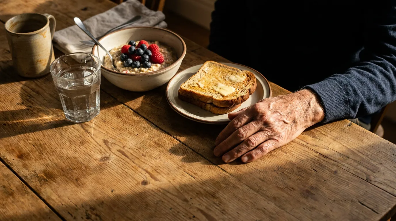 Breakfast of porridge, toast and a glass of water on a wooden table
