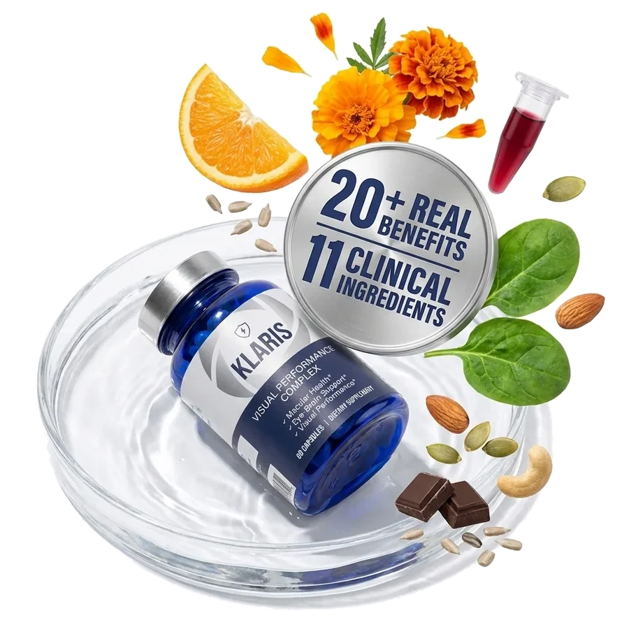 Klaris Visual Performance Complex bottle with 20+ real benefits and 11 clinical ingredients