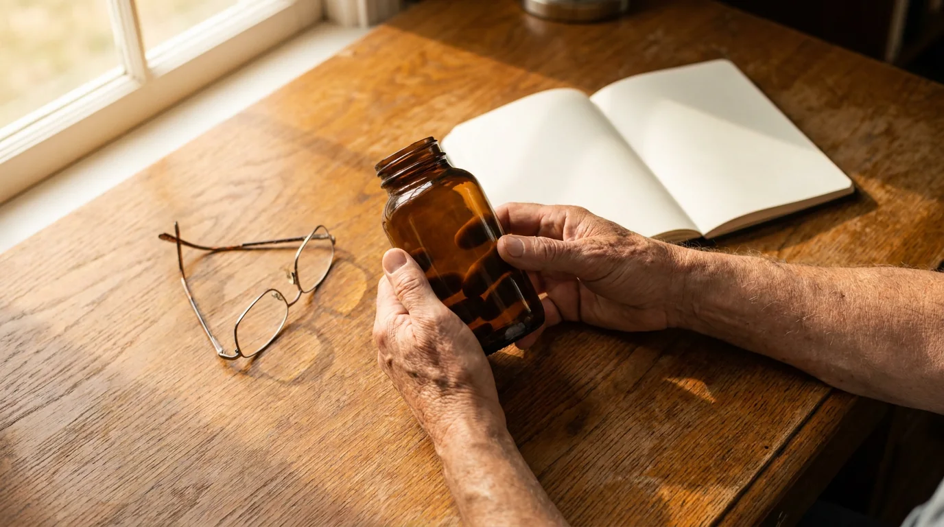 Older hands examining an unlabelled supplement bottle beside reading glasses and a notebook