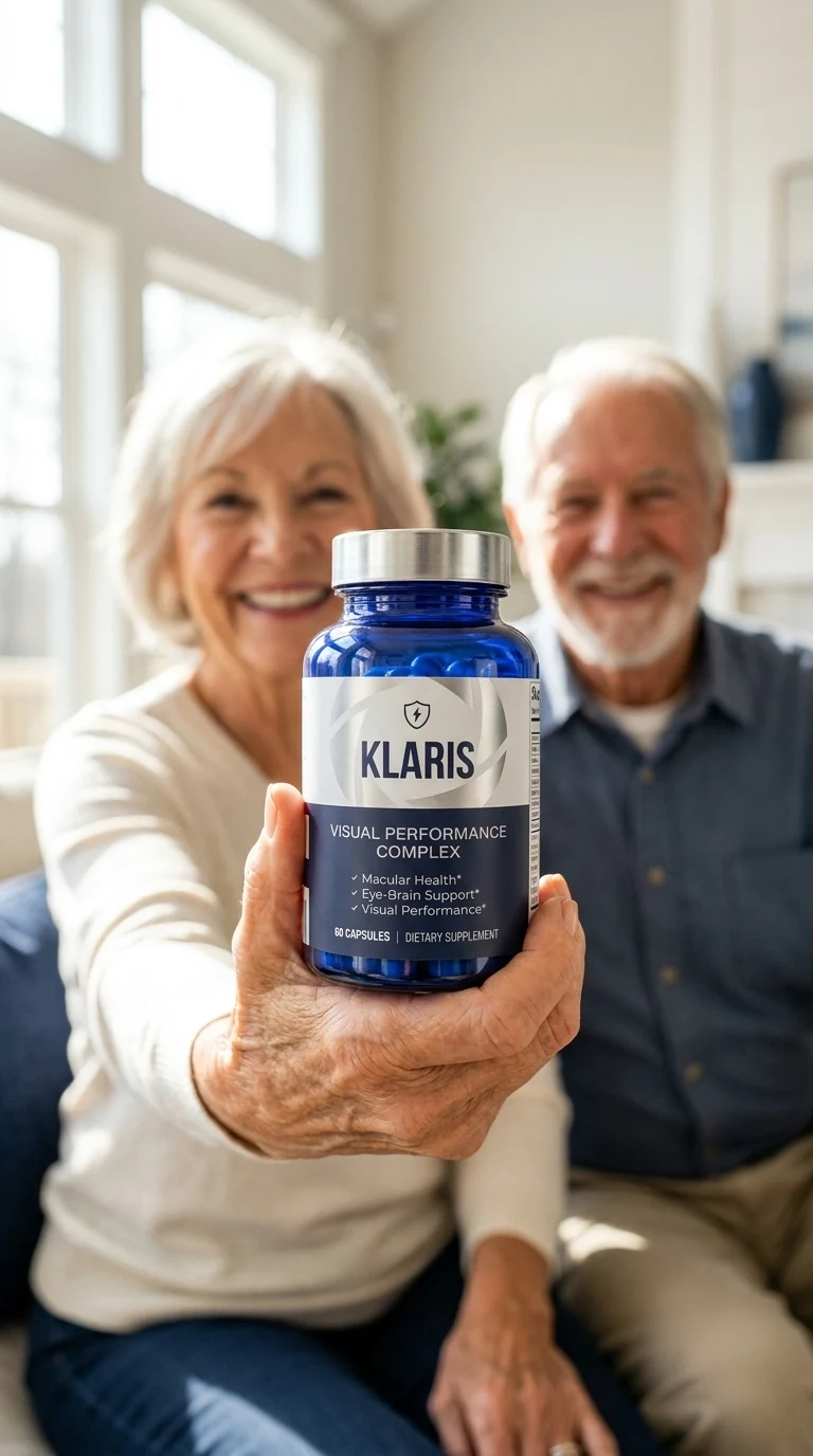 A couple holding Klaris Visual Performance Complex at home in natural light