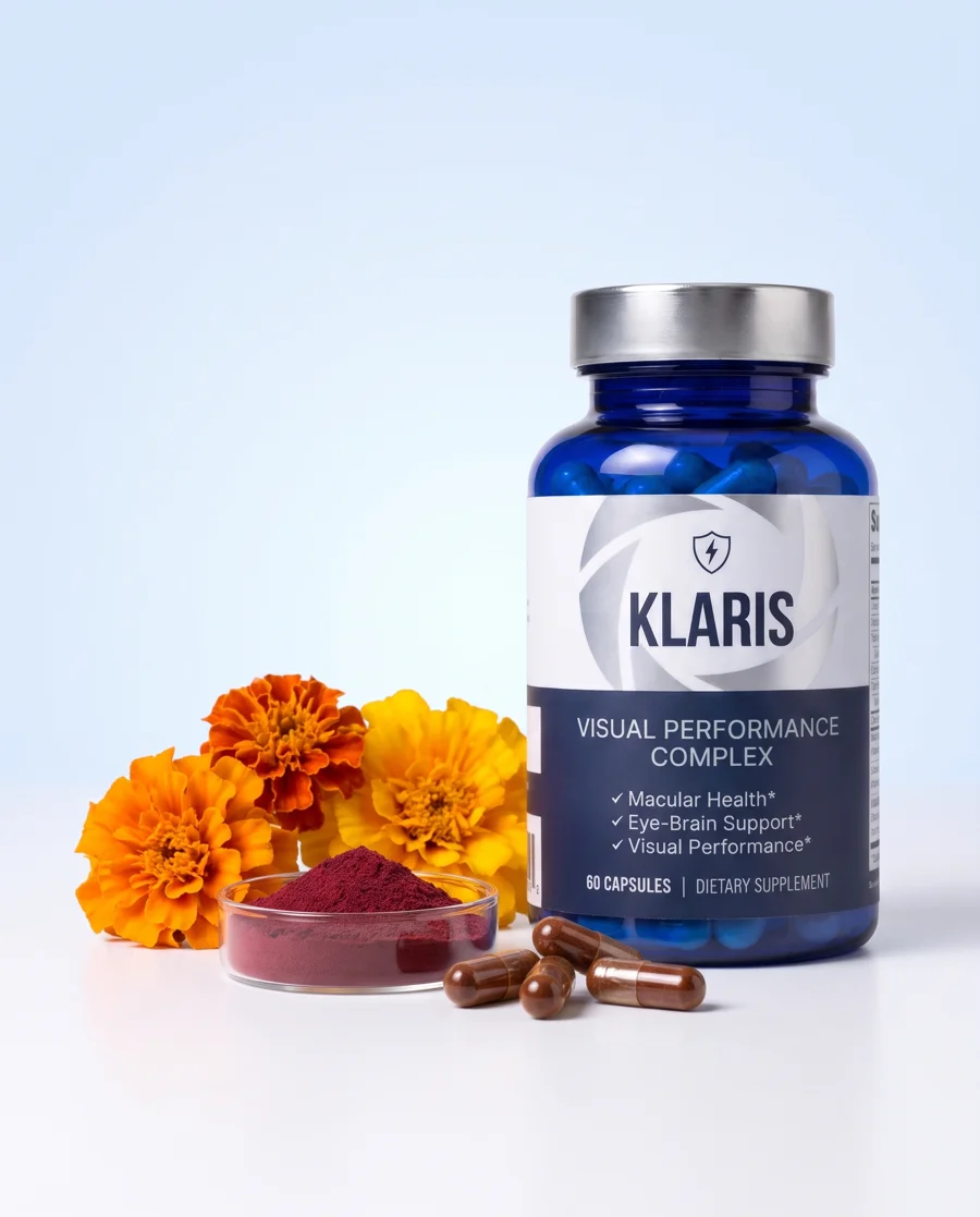 Klaris bottle with marigold flowers, algae powder and capsules