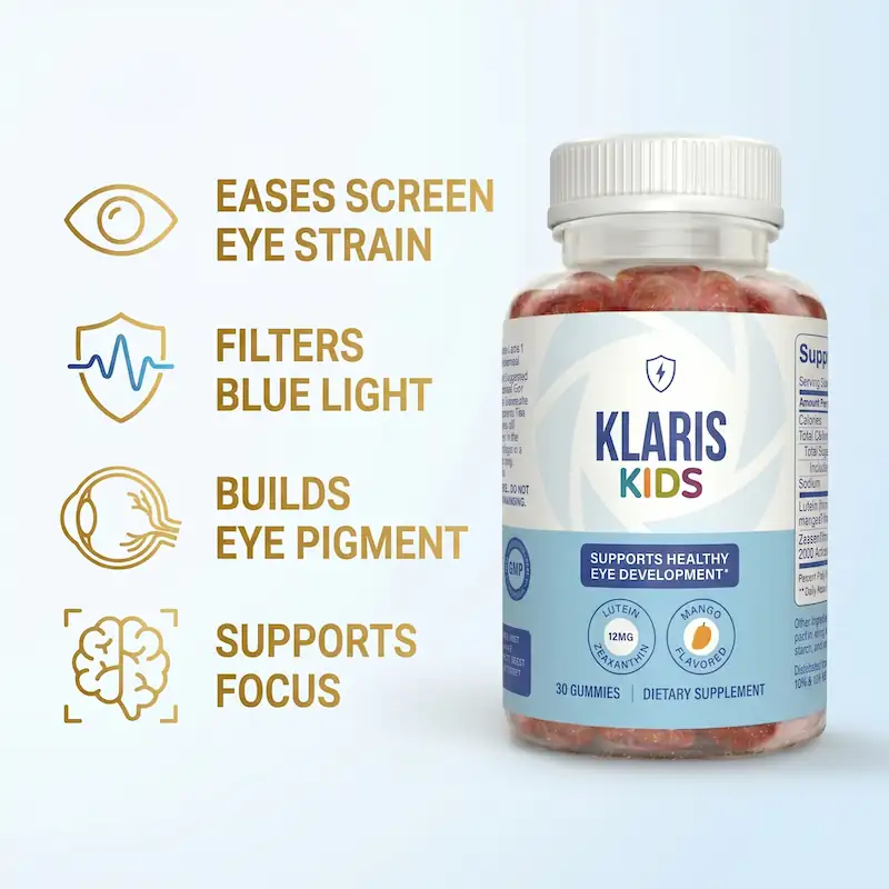 Klaris Kids - eases screen eye strain, filters blue light, builds eye pigment, supports focus