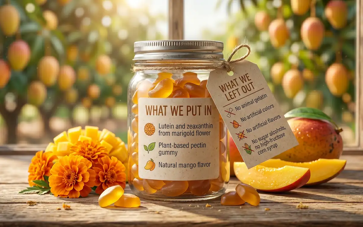 What we put in: lutein and zeaxanthin from marigold flower, plant-based pectin gummy, natural mango flavor. What we left out: no animal gelatin, no artificial colors, no artificial flavors, no sugar alcohols, no high-fructose corn syrup.