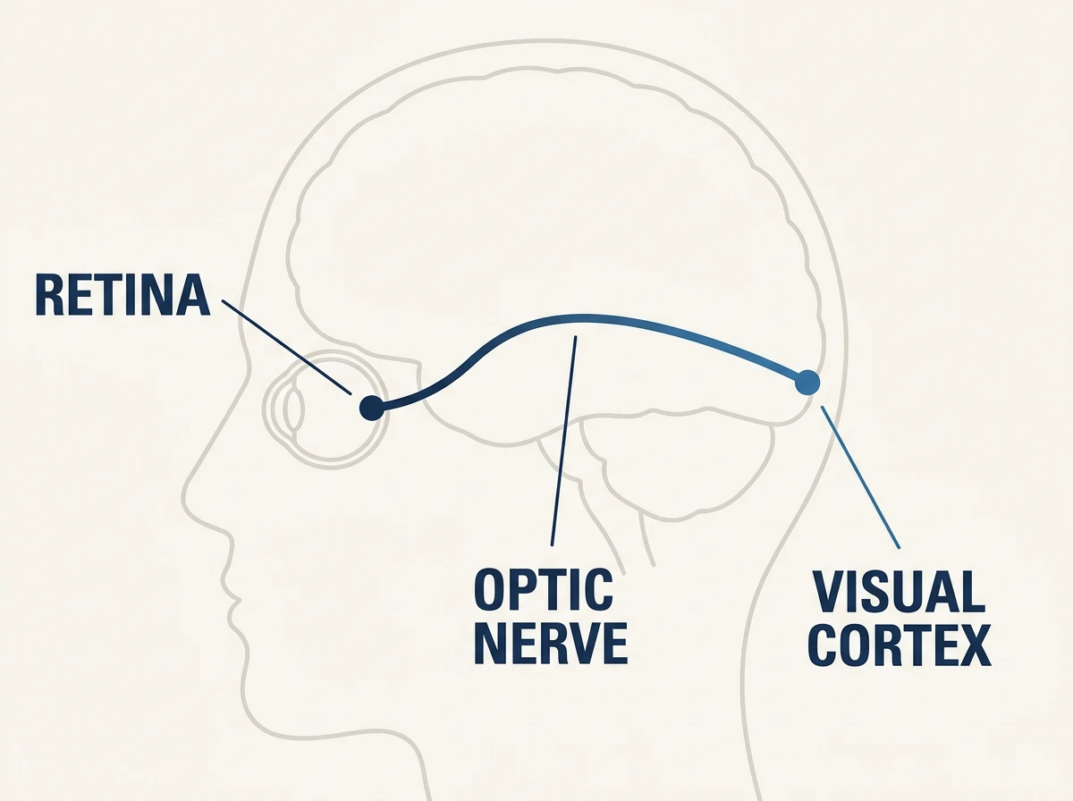 Diagram of the human visual pathway: light reaches the retina, travels along the optic nerve, and is processed by the visual cortex