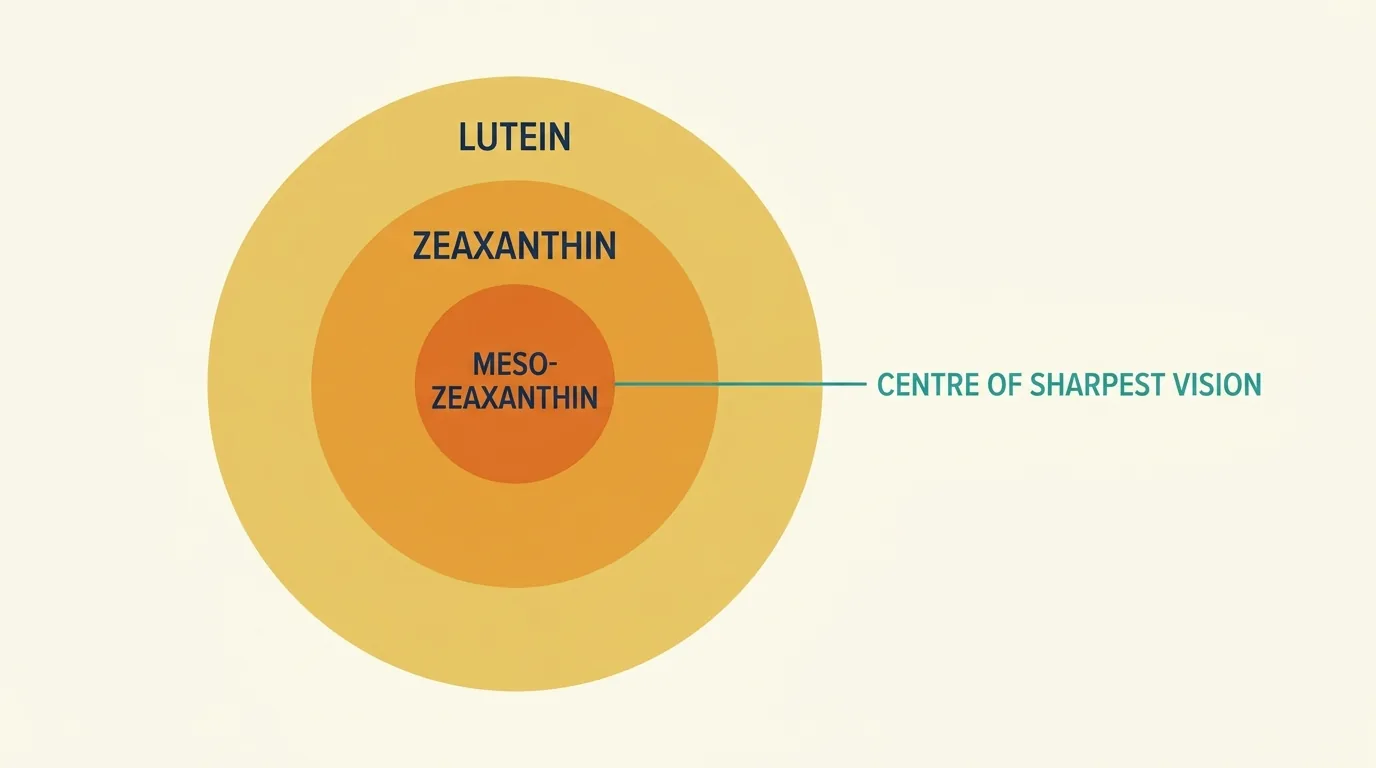 Diagram of the macula showing lutein on the outer ring, zeaxanthin in the middle and meso-zeaxanthin at the centre of sharpest vision