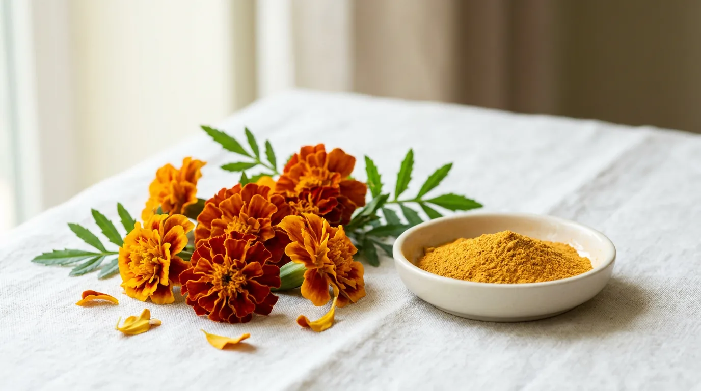 Marigold flowers beside a dish of golden lutein extract powder on linen