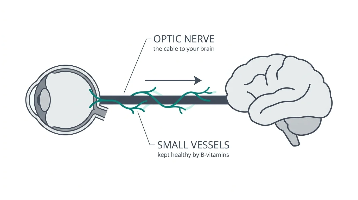 Diagram of the optic nerve running from the eye to the brain with small blood vessels along it