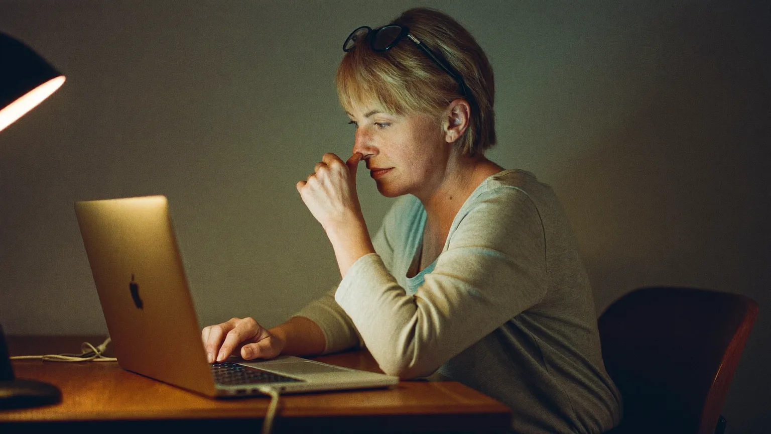 Older woman rubbing tired eyes after working at a laptop