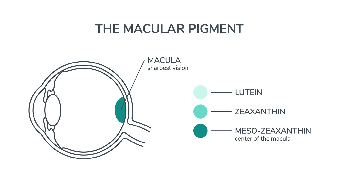 Diagram of the macula and the three carotenoids that build its protective pigment
