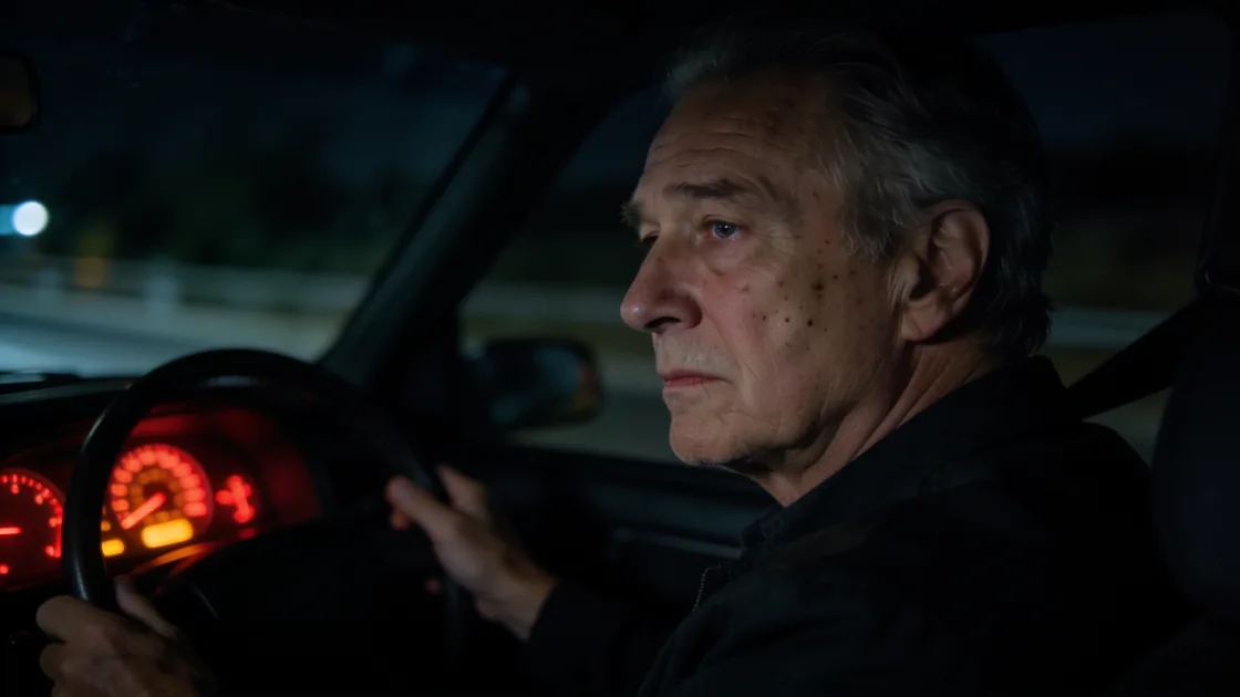 Older man driving at night, his face lit only by the instrument cluster