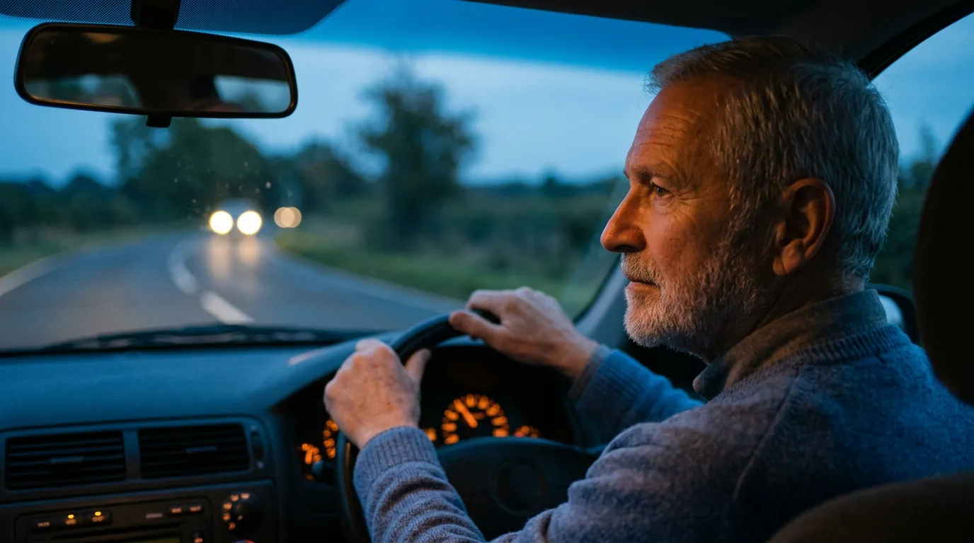 Older man driving calmly at dusk with oncoming headlights on the road ahead