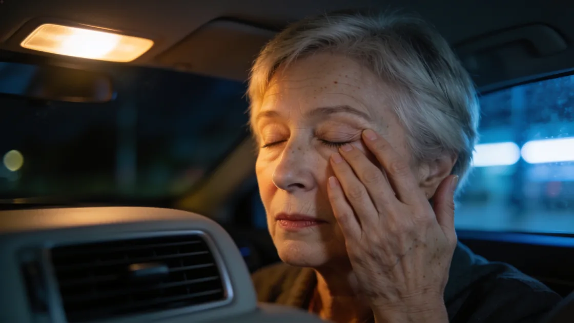 Older woman pressing her fingertips to her closed eye in a car cabin at night