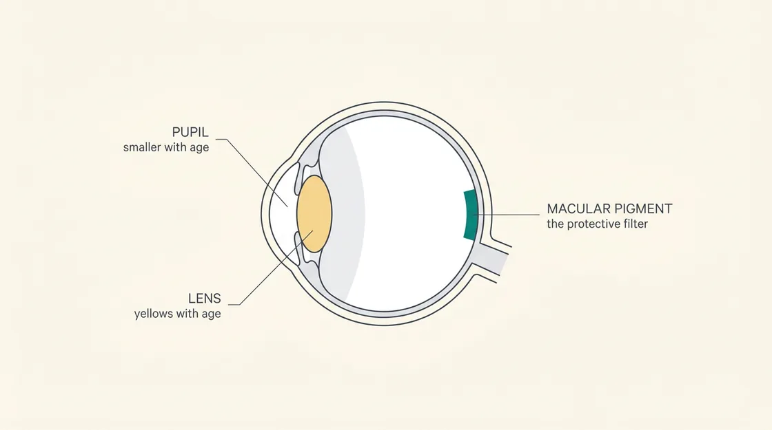 Labelled cross-section of the eye showing the pupil, the yellowing lens, and the macular pigment layer at the back of the retina