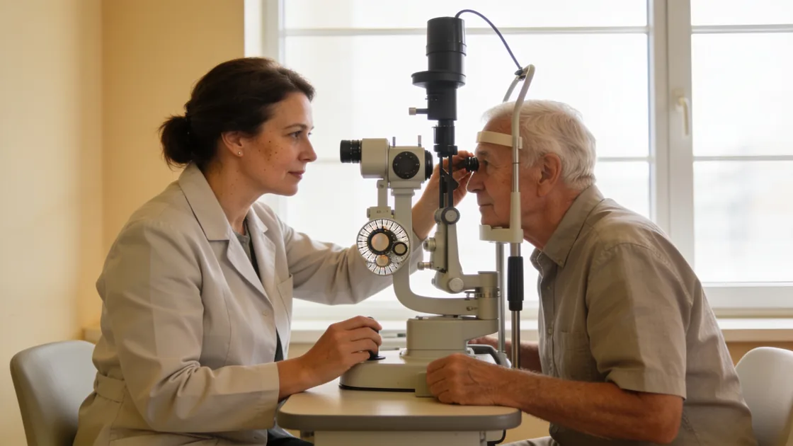 Optometrist examining an older patient at a slit lamp in a bright consulting room