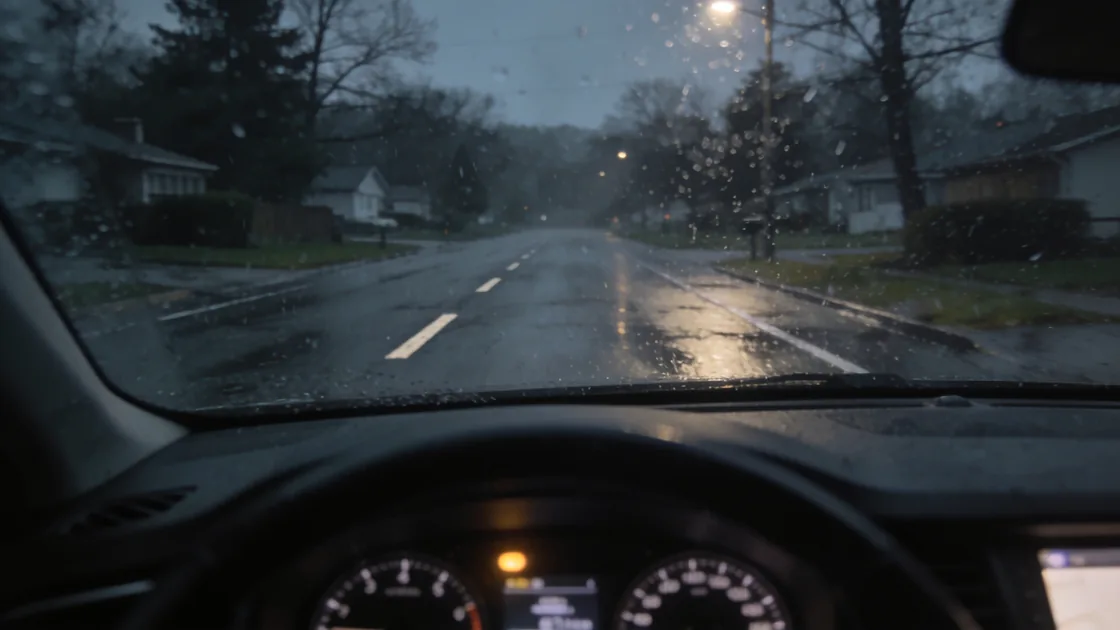 Faint lane markings on wet asphalt at night seen through a windscreen