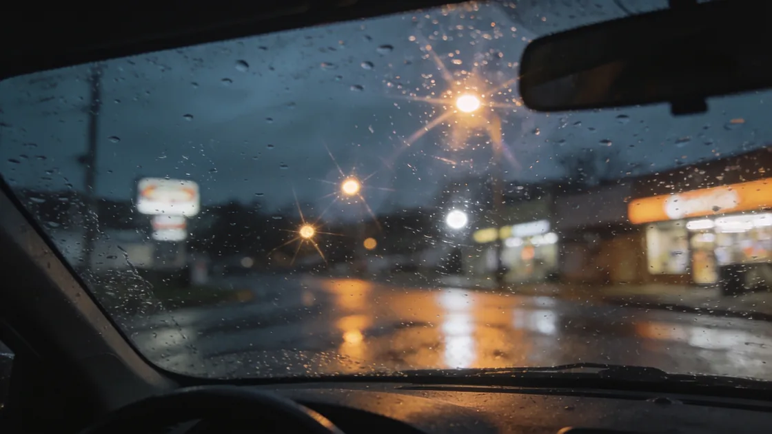 Streetlights seen as glowing halos through a rain-speckled windscreen at night