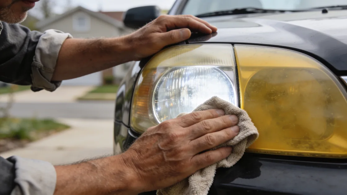 Hands polishing a hazed yellow plastic car headlight with a cloth